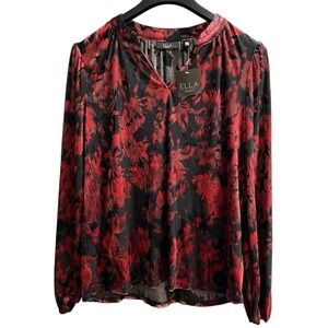 Ella Rafaella Red Black Burnout Velvet Floral Split V-Neck Blouse Small MA6731